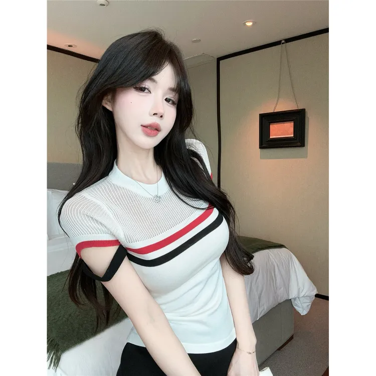 纯欲辣妹撞色条纹短袖T恤女夏季修身显瘦半透明镂空冰丝针织上衣
