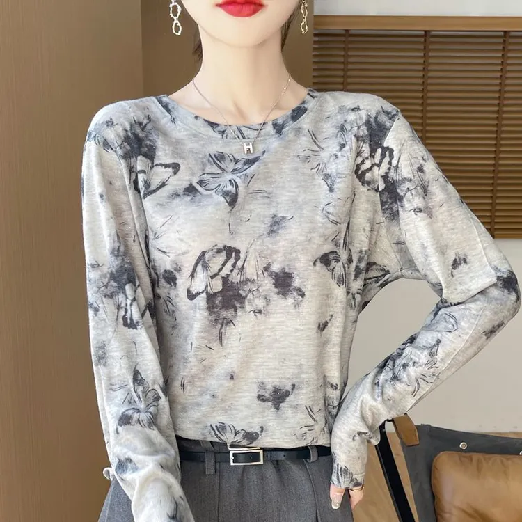 莱赛尔天丝棉薄款韩版打底衫舒适印花长袖圆领百搭老钱风女装内搭