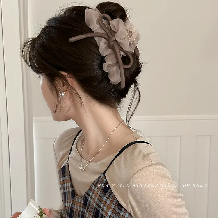 摩卡漩涡~网纱蝴蝶结抓夹女高级感2025新款鲨鱼夹后脑勺发夹发饰
