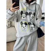 SP 【相约周末】宽松卡通印花显瘦韩系连帽加绒帽衫卫裤休闲套装