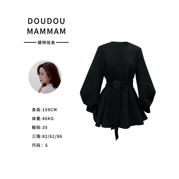 灯笼袖宽松型休闲风长袖圆领收腰复古气质毛呢外套