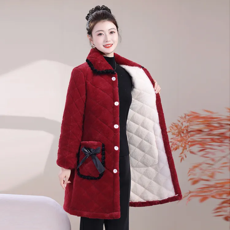 冬季保暖中长款翻领棉袄中老年女装加厚加绒棉服外套耐寒大码罩衣