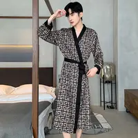 新款冰丝睡袍男士夏季薄款长袖睡衣浴袍凉感缎面长款浴衣家居服