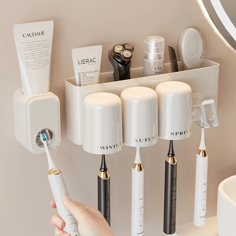 优勤牙刷置物架奶油风免打孔牙刷杯漱口杯卫生间壁挂式牙刷架子