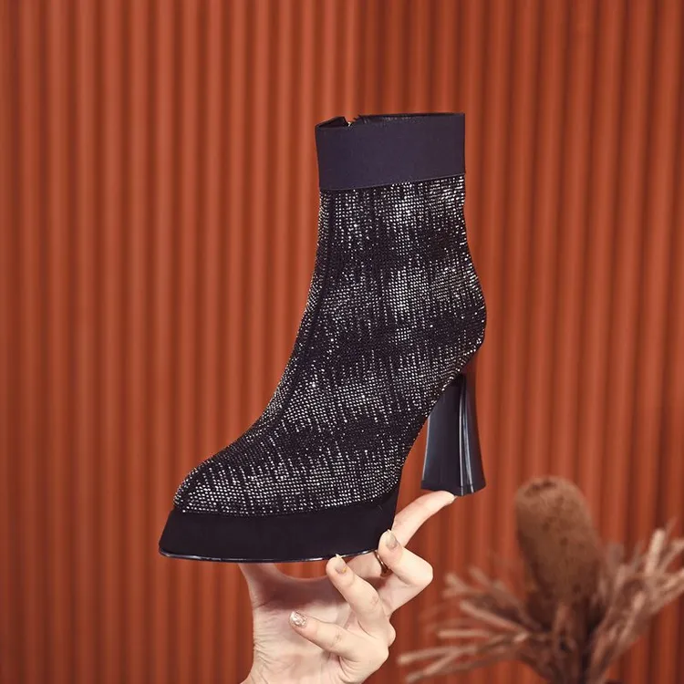 【DUOSI】9cm弹力靴短靴秋冬尖头女靴粗跟时装靴亮钻瘦瘦靴25808-2