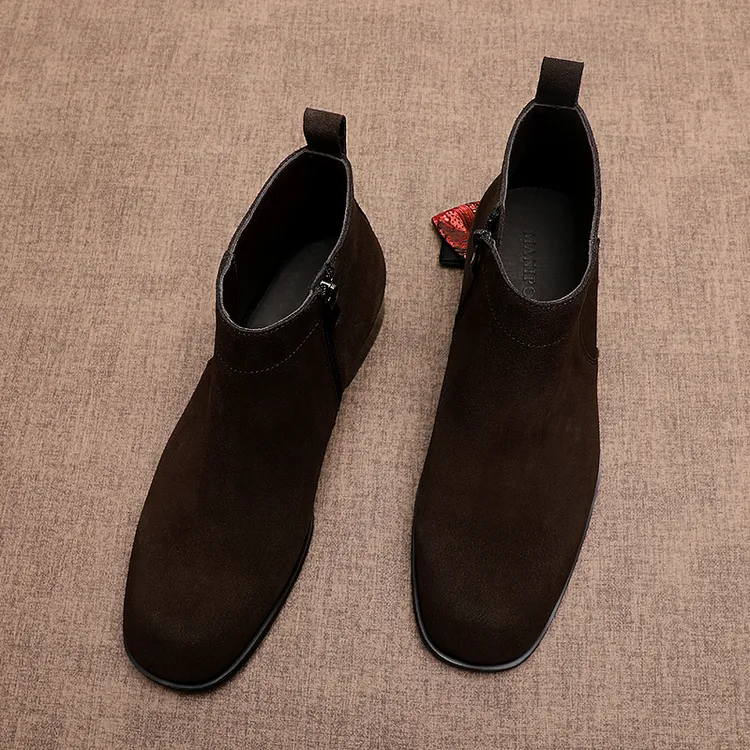 时尚侧拉链切尔西靴翻毛皮中帮真皮秋冬极简风复古高帮皮鞋磨砂皮