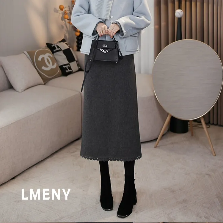 LMENY“花边开衩裙”步履优雅~羊毛松紧腰显瘦直筒半身裙25DQ010