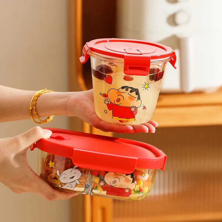 舍里蜡笔小新高硼硅玻璃饭盒可微波炉加热专用便当盒上班族带饭盒