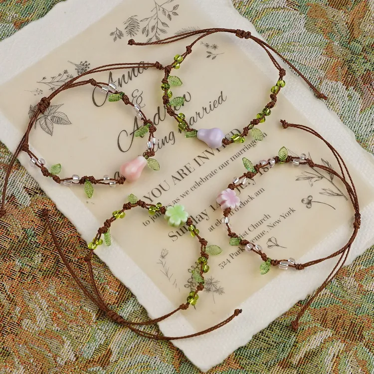 合金陶瓷手链 景德镇圣诞编绳手链四叶草手绳手饰百搭小众手串女