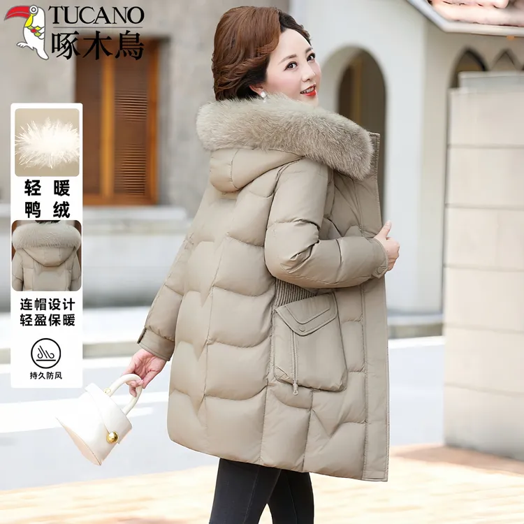 啄木鸟妈妈冬季羽绒服中长款2025新款中老年人加厚白鸭绒保暖外套
