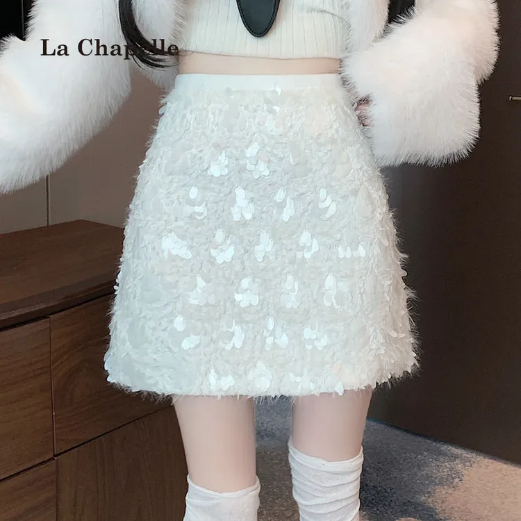 拉夏贝尔时尚亮片半身裙高腰包臀A字裙子显瘦短裙2025冬季新款女
