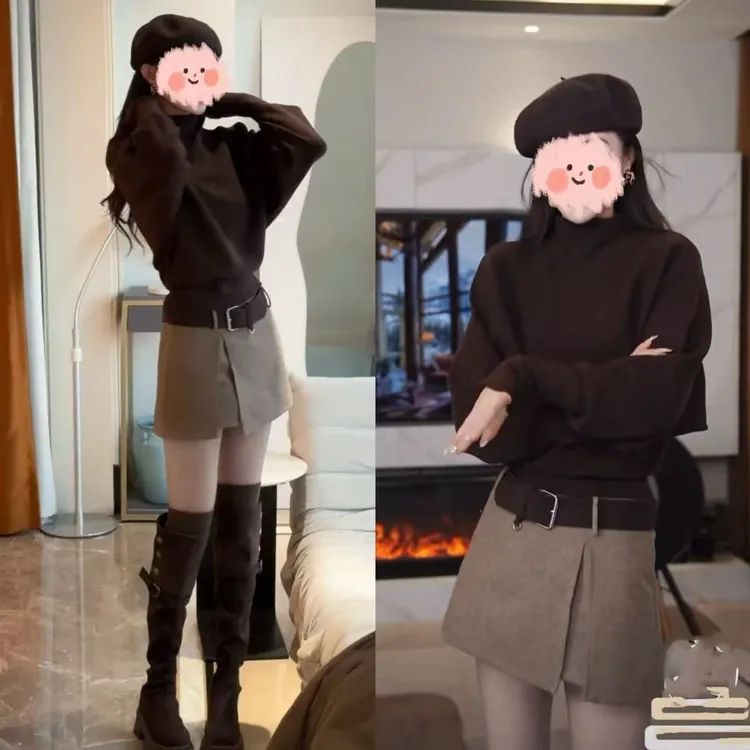 百搭高领蝙蝠袖小蛮腰毛衣开叉设计百搭毛呢中腰半裙裤套装