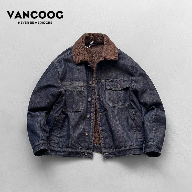 凡购25冬季美式潮牌复古短款多袋夹克保暖毛领宽松加绒牛仔外套男
