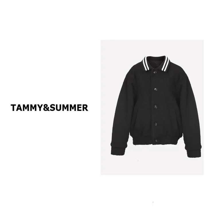 【Tammy&Summer】韩版黑色条纹翻领单排扣宽松保暖棉服外套110239