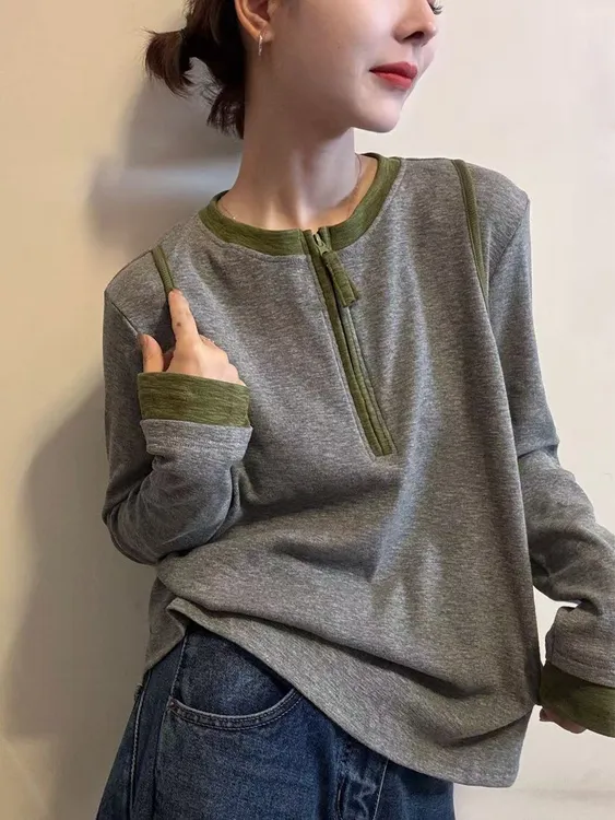 半开胸拉链长袖T恤女早秋新款设计感小众撞色圆领体恤打底衫上衣