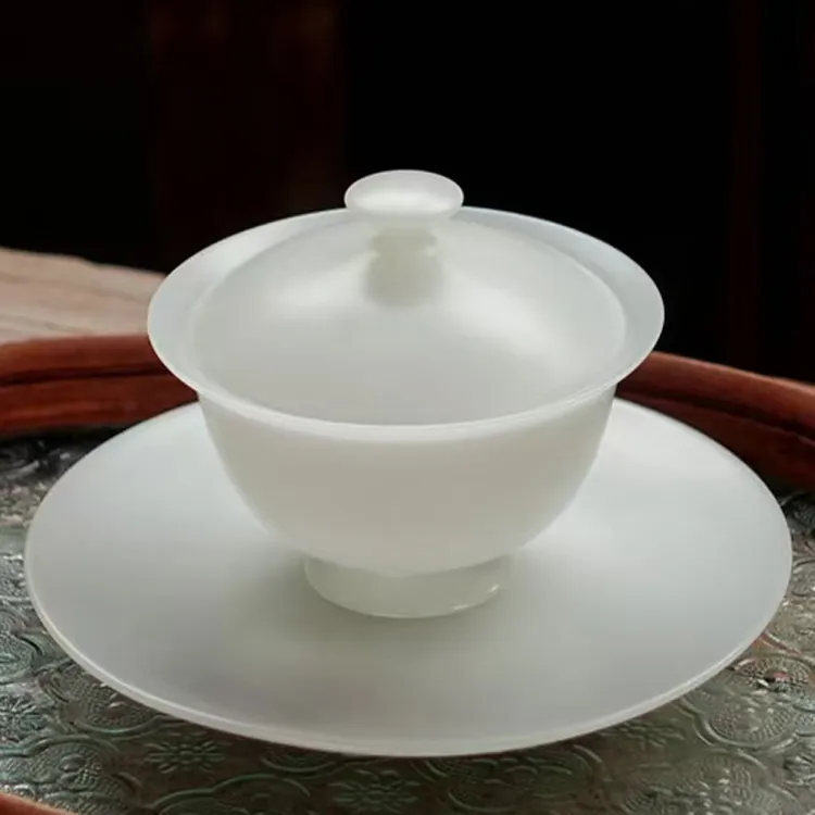 德化璞玉冰种玉瓷三才盖碗高档白瓷素烧泡茶碗功夫茶盏家用三才碗