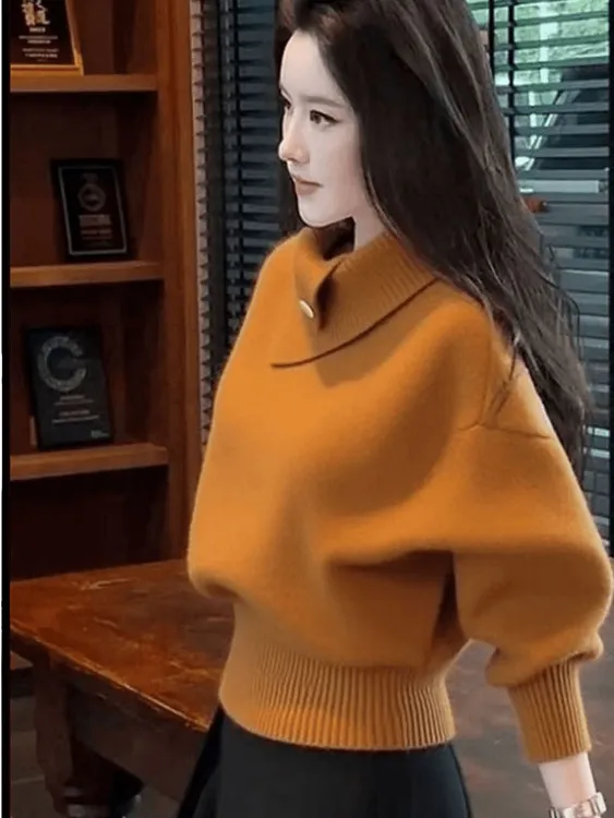 秋冬高知老钱风轻熟设计感软糯慵懒风橘色高领打底针织衫女