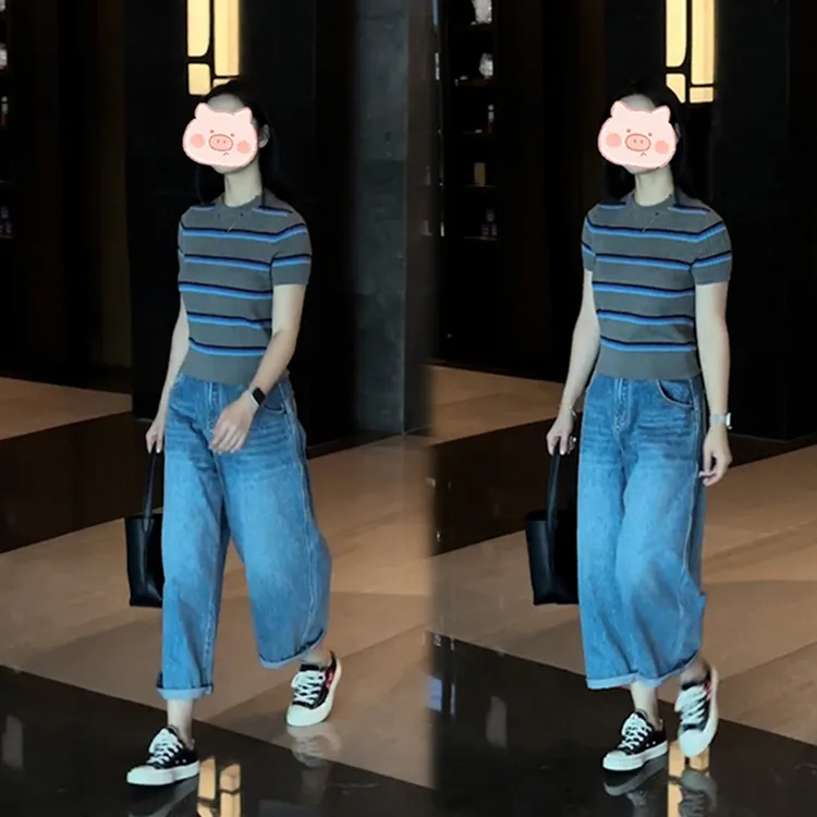 2025超火减龄高质量法式小资灰色条纹冰丝针织衫短袖上衣两件套 