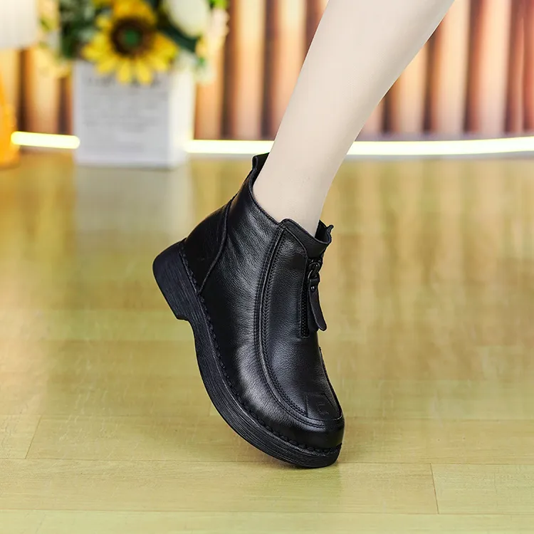 7995新款头层牛皮软底舒适短靴女加绒加厚羊毛保暖棉靴平底马丁靴