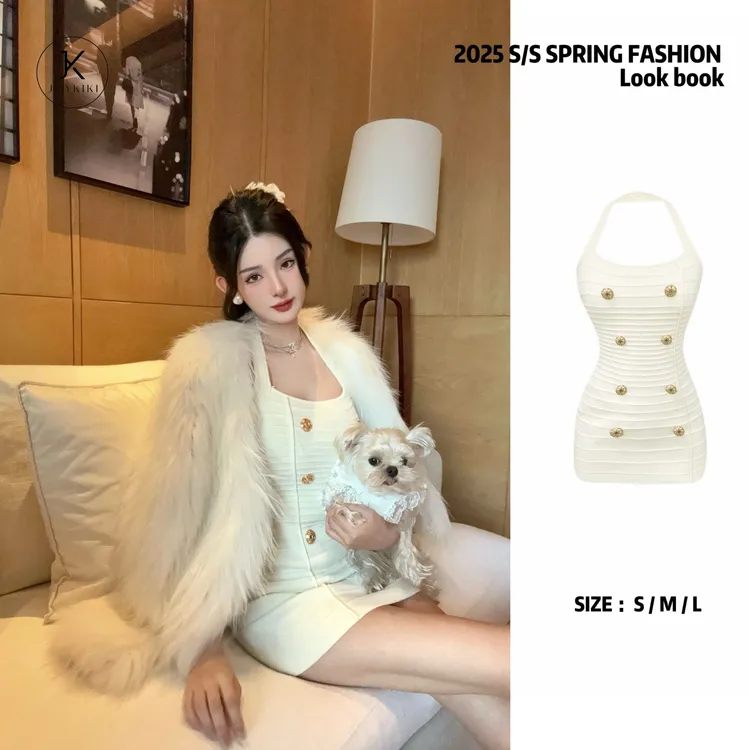 JOY KIKI金金【归国千金】秋季针织弹力修身挂脖显瘦连衣裙J25C380