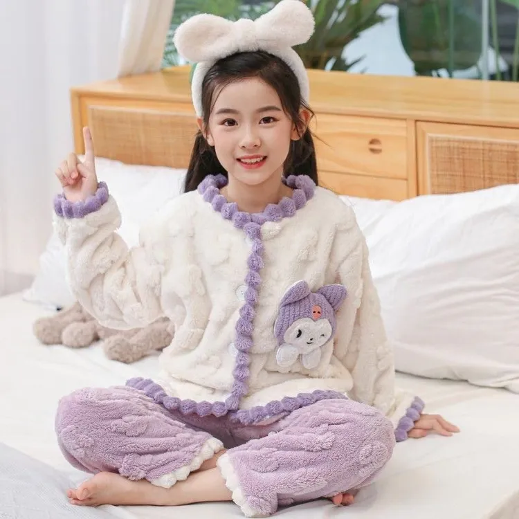 秋冬季睡衣法兰绒提花开衫甜美可爱卡通加厚公主风女童家居服童装