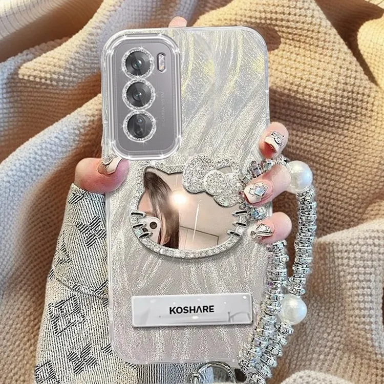 自带镜头膜OPPOReno12手机壳镶钻kt猫镜子PJV110全包reno12pro羽