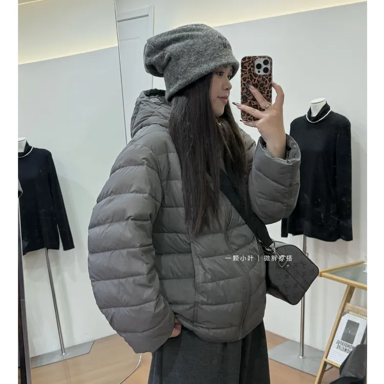 【一颗小叶】2025冬季新款大码连帽白鸭绒羽绒服短款保暖高级感外套