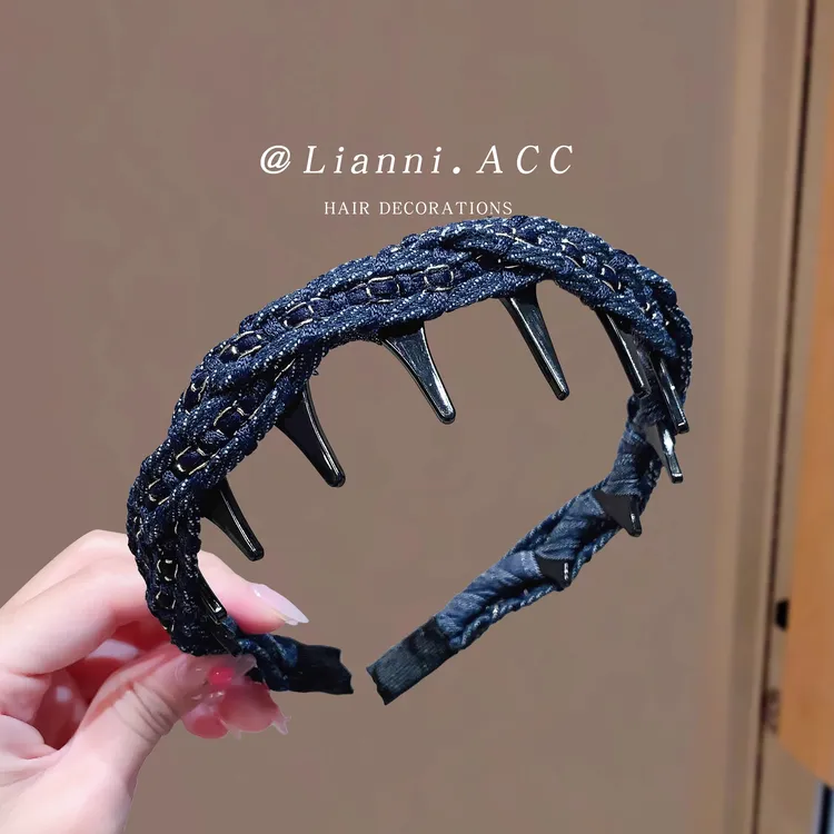 秋冬新款牛仔蓝色带齿防滑发箍女日常外戴高颅顶齿梳头箍洗脸发卡