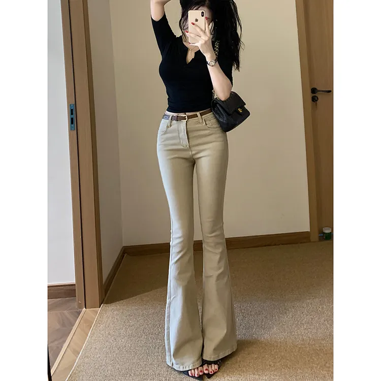 老钱风复古简约修身微喇牛仔裤女2025年秋季新款高腰弹力显瘦长裤