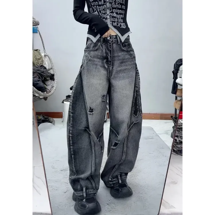 Aimeerosa/艾洛莎牛仔裤高腰显高显瘦长裤春季潮流时尚破洞弯刀裤