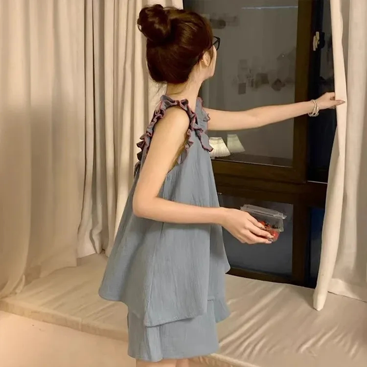 夏季日系ins简约吊带无袖睡衣女韩国网红甜美可爱纯色家居服套装
