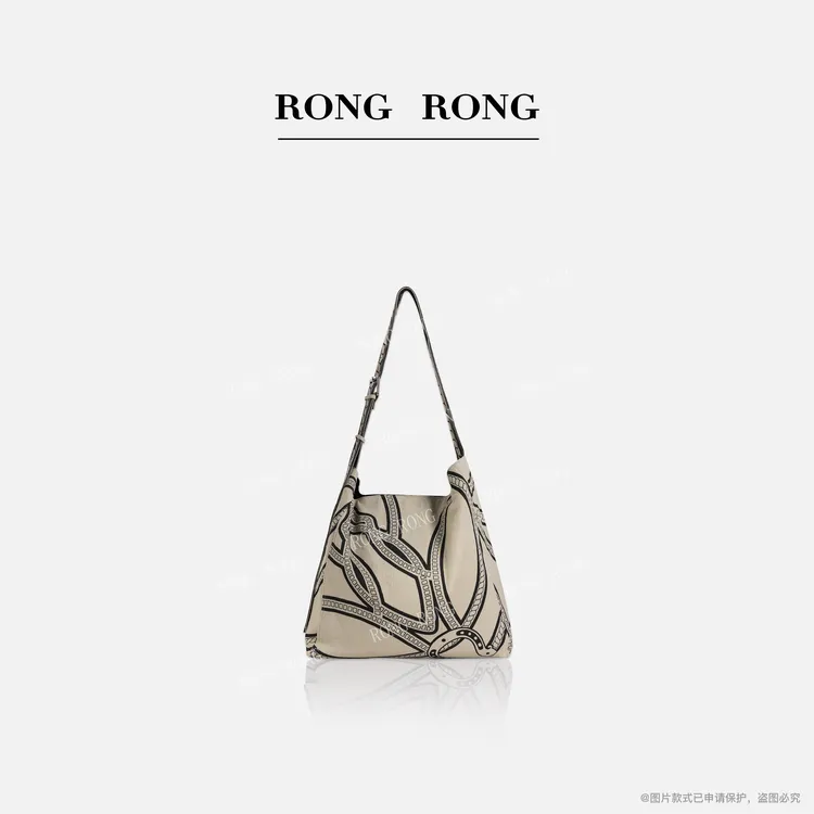 溶溶RONGRONG 黑白几何印花通勤可调节肩带亚麻帆布包BB121831