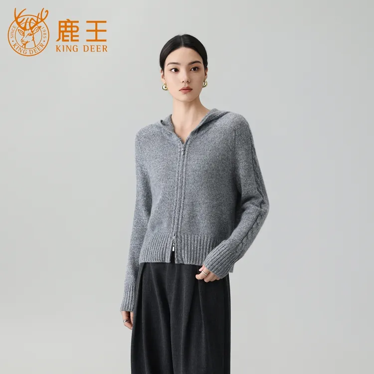 【设计师款】鹿王秋冬女连帽100山羊绒重工花纱拉链开衫厚 XM1072