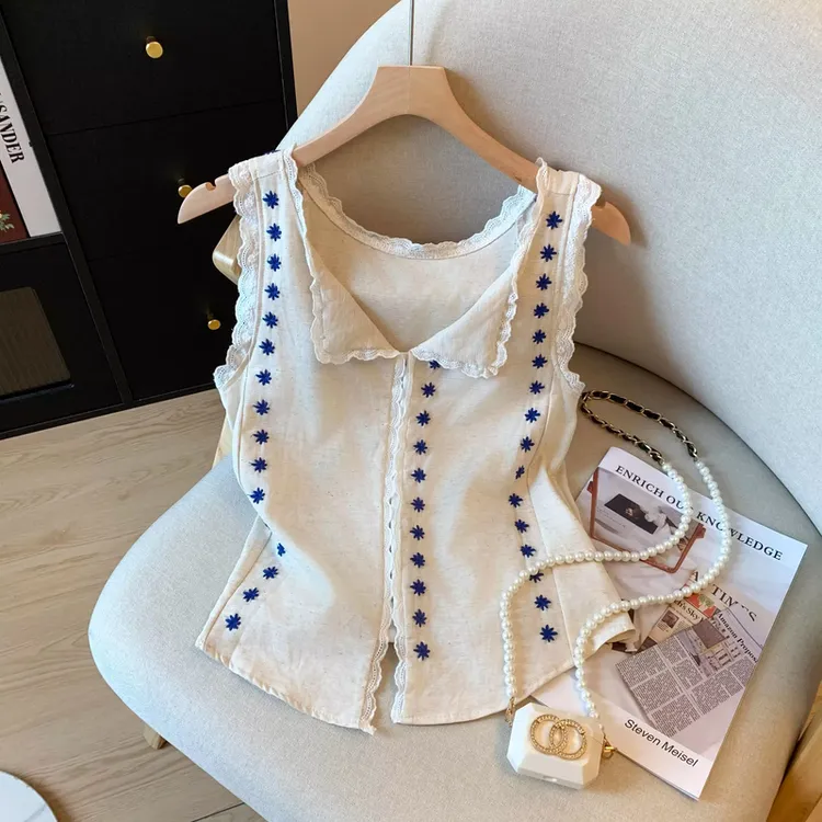 小香风设计感V领刺绣两穿无袖花边背心女夏季修身显瘦短款上衣ins