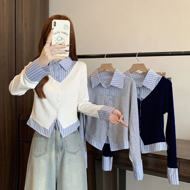 2025春装新款胖mm大码女假两件条纹拼接修身上衣衬衣T恤