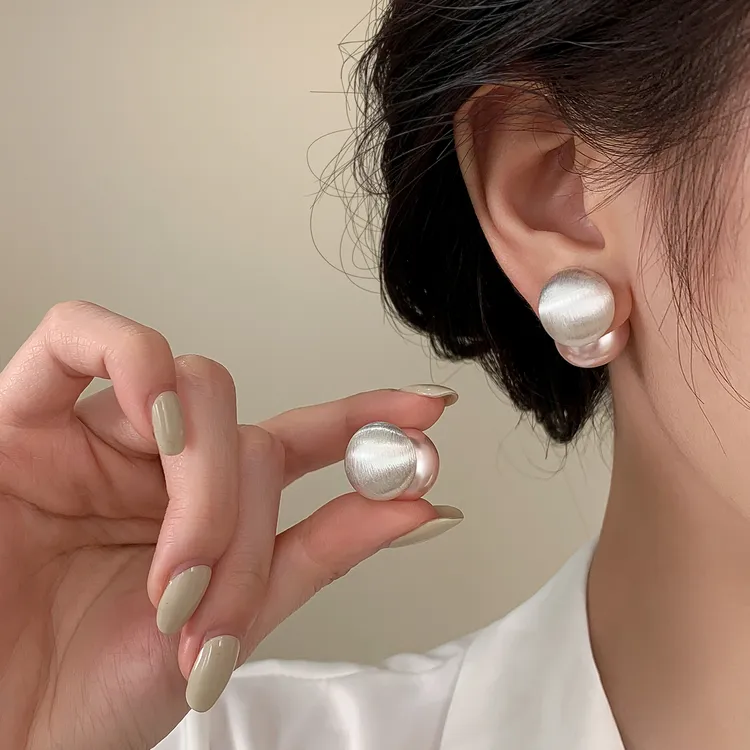 足银亚克力耳饰 999银针拉丝馒头珍珠耳钉气质轻奢耳环女小众时尚