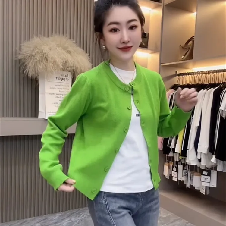 韩系外搭针织开衫女长袖绿色外套2025春季小个子软糯宽松短款上衣