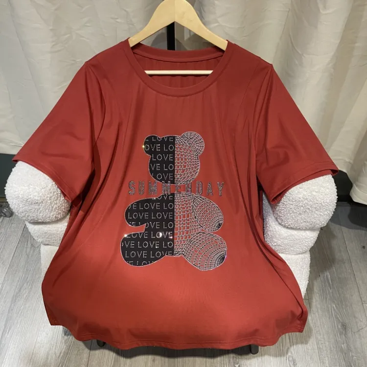 PWD33099【现货仅上衣】夏季新款小熊遮肉显瘦宽松大版T恤【衣长69】