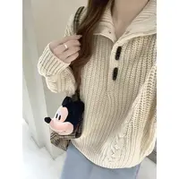 【济州橙酒】 麻花针织毛衣套头纽扣高领休闲韩系上衣女22818#