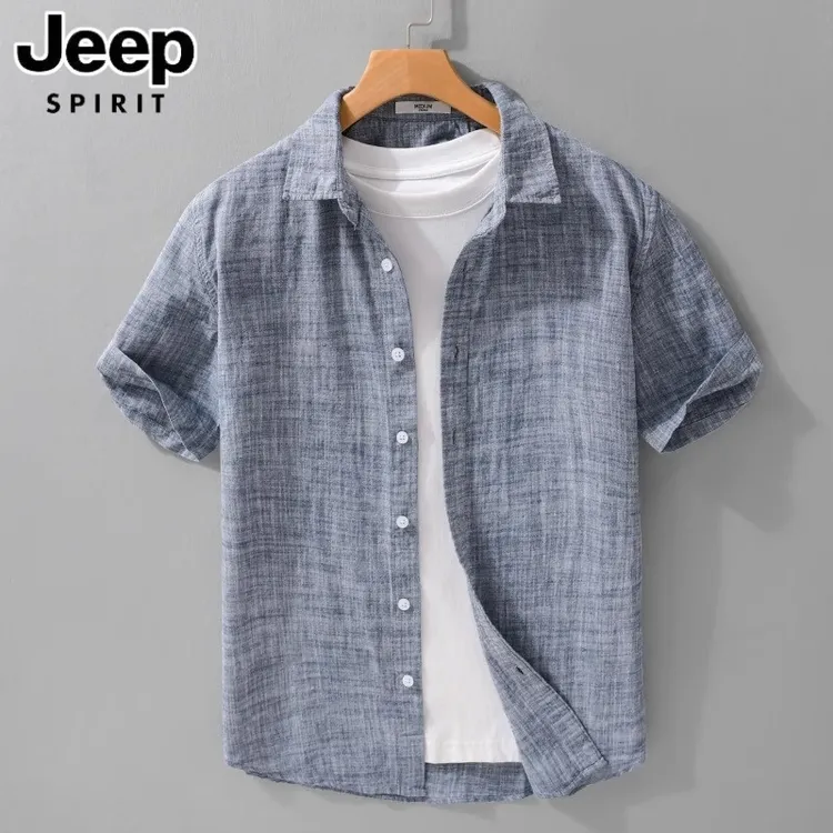 jeep吉普清新色织纯亚麻衬衫夏季男士宽松衬衣青年户外休闲麻上衣