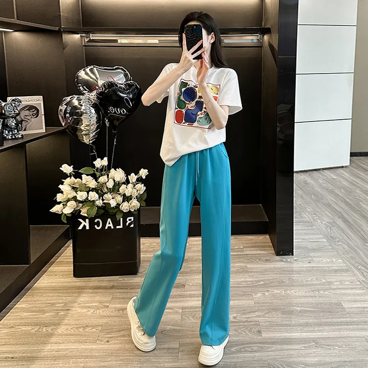 短袖t恤女夏季新款洋气减龄白色上衣衫直筒长裤子窄版阔腿休闲裤