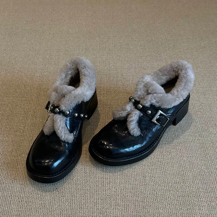 羊皮版~英伦风毛毛加绒小皮鞋秋冬新款百搭皮带扣粗跟单鞋雪地靴