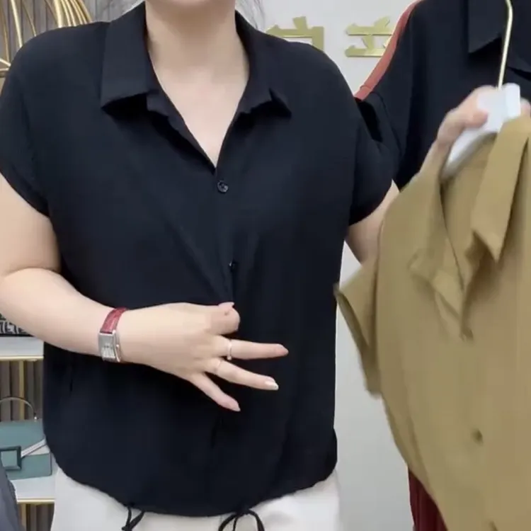 夏季新款宽松短袖翻领冰丝麻衬衫时尚舒适