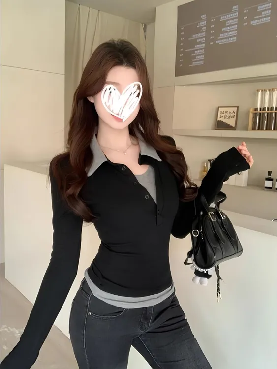 【真两层假两件】早秋新款辣妹polo半开领拼接翻领长袖纯欲修身上衣