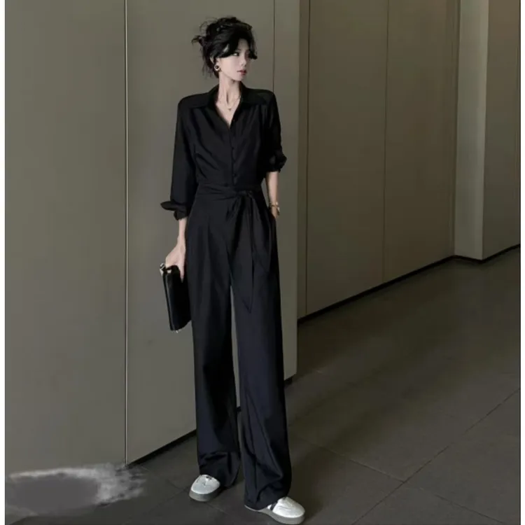 柔一 早春法式小众设计套装黑色时尚高腰束腰裤子上下装套装