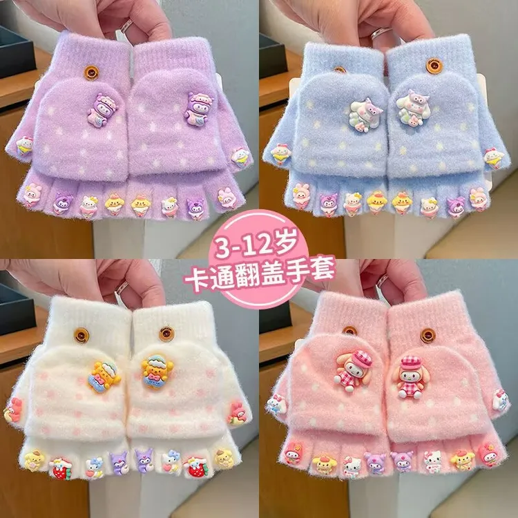 公主儿童新款手套女童冬宝宝保暖2025新款甜美小女孩翻盖卡通贴