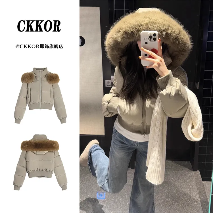 CKKOR美式复古连帽毛领棉服外套女秋冬新款加厚设计感面包服棉衣 