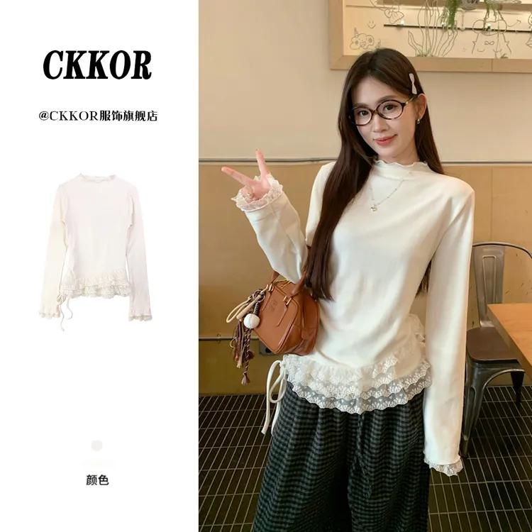 CKKOR纯色半高领双面德绒打底衫女秋冬新款拼接蕾丝边修身长袖t恤