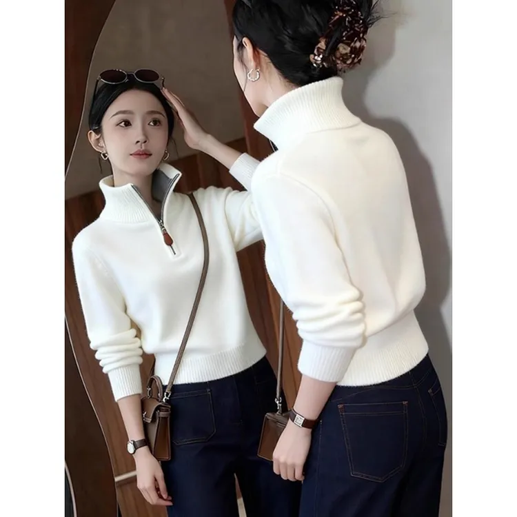极简风韩系半拉链高领毛衣女2025秋冬新款小众不撞款针织上衣外套