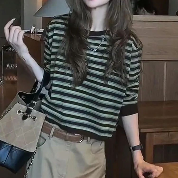 羊毛衫女秋冬宽松绿条纹撞色长袖上衣百搭显瘦外穿显瘦大码卫衣